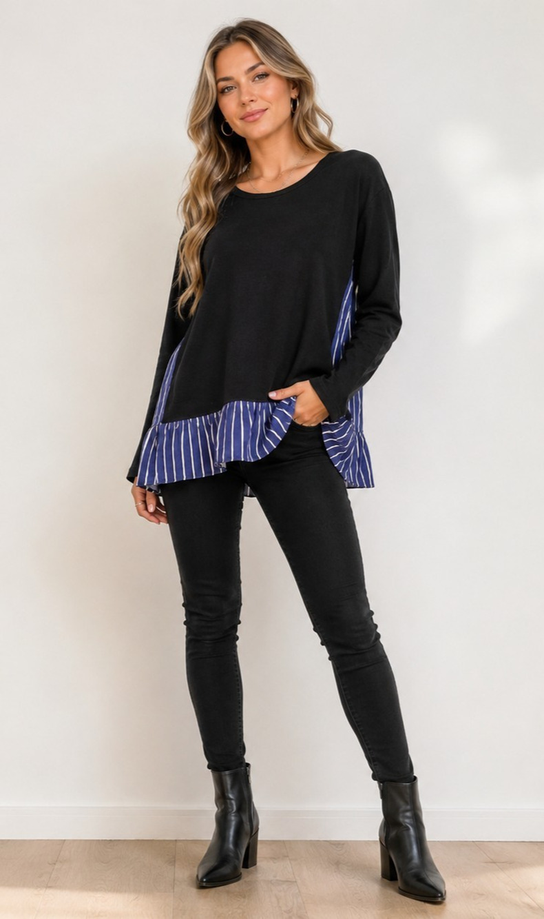 Tulip B Medium Black Mixed Media Ruffle Hem Striped Tunic Top